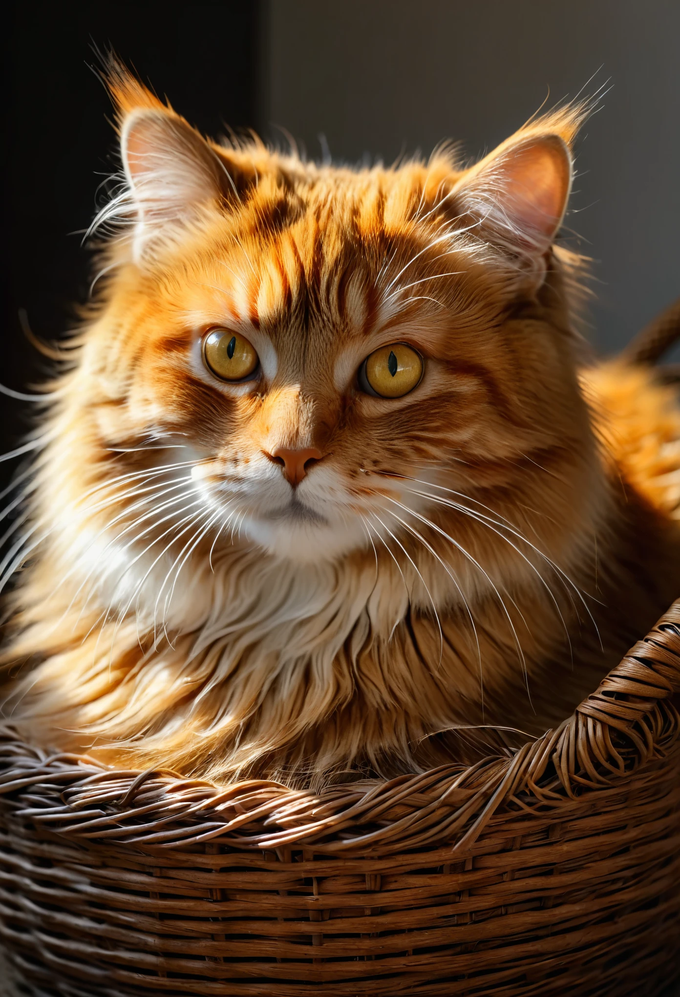 close-up shot, An endearing, fluffy cat, orange fur shimmering in the soft, indoors lighting, eyes yellow, mysteriously gleaming with curiosity, sitting neatly in a woven wicker basket, empty room background, monochrome, high contrast, filled with shadows and natural light, 4k resolution, highly detailed, photo realistic, cinematic, movie still, captured in the style of Sony Alpha A7 III camera