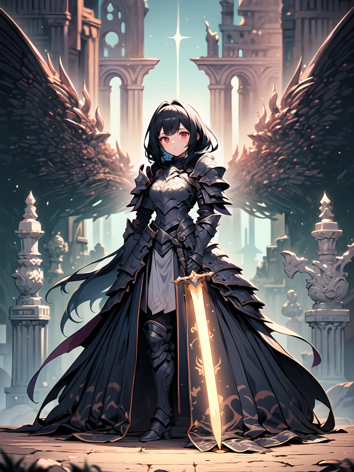 (((masterpiece, best quality, high detailed, 8k))) A breathtakingly beautiful warrior with long, flowing black hair and intense red eyes, wearing a magnificent black dragon armor. The armor is intricately detailed, featuring a dragon's head on one shoulder pauldron, scales, and claw motifs throughout. She wields a highly detailed, flaming sword. The scene is set in a cinematic fantasy environment with dramatic lighting. The atmosphere is filled with a mystical haze, illuminated by the glow of the flaming sword and ambient light reflecting off the armor's details. The ground is reflective, creating a mirrored effect that adds to the surreal, otherworldly ambiance. The background features ancient ruins partially engulfed in shadows, enhancing the sense of epic fantasy. Every element, from the warrior's armor to the environment, is rendered with extreme image quality and attention to detail.