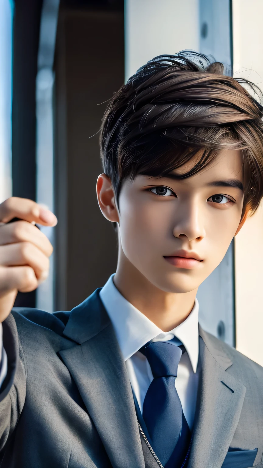 Highest quality, masterpiece, Ultra-high resolution, (Realistic: 1.4), Original photo, wallpaper, Head Photo, skin, Simple Background, Iris, detailed, Selfie, 1 boy, 18-year-old, good looking, Wind,suit