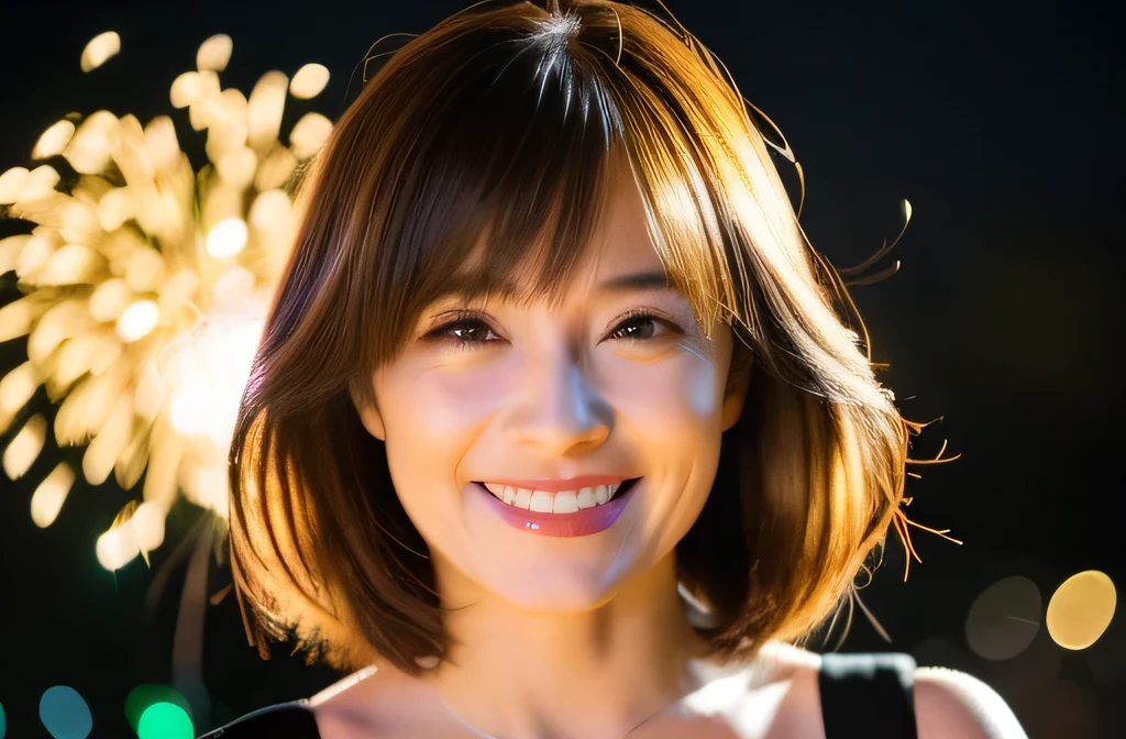 神秘的なFireworks displayを背景に浴衣姿の60 years old日staffwomanのワイドショット:　Rainbow fireworks　Upper Body　60 years old　Wrinkles on the face　Straight Hair　Straight hair　Bright brown hair　Very straight hair　Tidy short hair　staff　woman　Has bangs　Very straight hair Neat short hair　Brown Hair　Straight-haired hair　Straight Hair　Brown Hair　Beautiful hair, shiny hair　Japan Fireworks display　short hair　The background is fireworks　Fireworks at night　Beautiful fireworks as a background　( The light from the fireworks makes your hair look beautiful :1.2)( sharpen ), (Purelos Face_v1:0.7), (8k, Highest quality), Unconscious, Open Eyes, High resolution, original, (Flat Color:0.9),(masterpiece:1,2), Highest quality, masterpiece, High resolution, original Viewer&#39;s point of view, alone, Portrait, Mature Woman Body Set, A slight smile, While staring at this,Natural Wrinkles, Wrinkles around the eyes, surreal, Natural Skin, Natural Hair Color, Bright red lips 　Fireworks display: 1.5, unity 8k wallpaper: 1.3, High accuracy: 1.1. Stylish snapshots, yukata: 1.1, Fireworks display: 1.1.