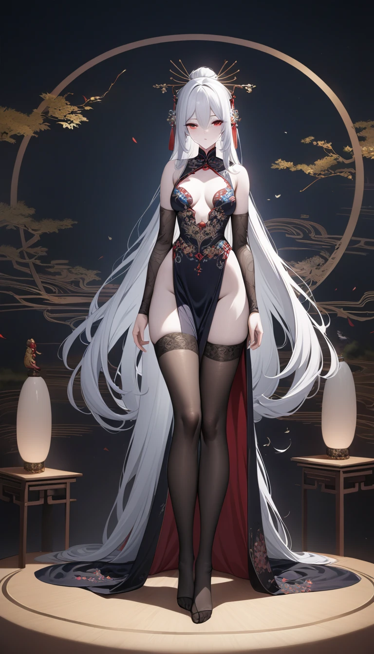 An unrivalled masterpiece, Ultra-realistic 8k CG, Perfect work of art, ((Perfect female image)), White hair, Red Eyes, Mature female, , Willow Waist, chinese deity, Looking at the audience, posture, 性感posture, Tempting, Clean, Pretty Face, Pure face, Pale skin, Absurdly long hair, Glowing skin, Skin Indentation,delicate patterned, Intricate details, (rich:1.4), (Extremely detailed 8K Chinese long embroidered silk gowns and silk gowns and dresses:1.2),slim,(whole body: 1.5), from head to foot, Black stocking legs, Black pantyhose, suspenders (for stockings)