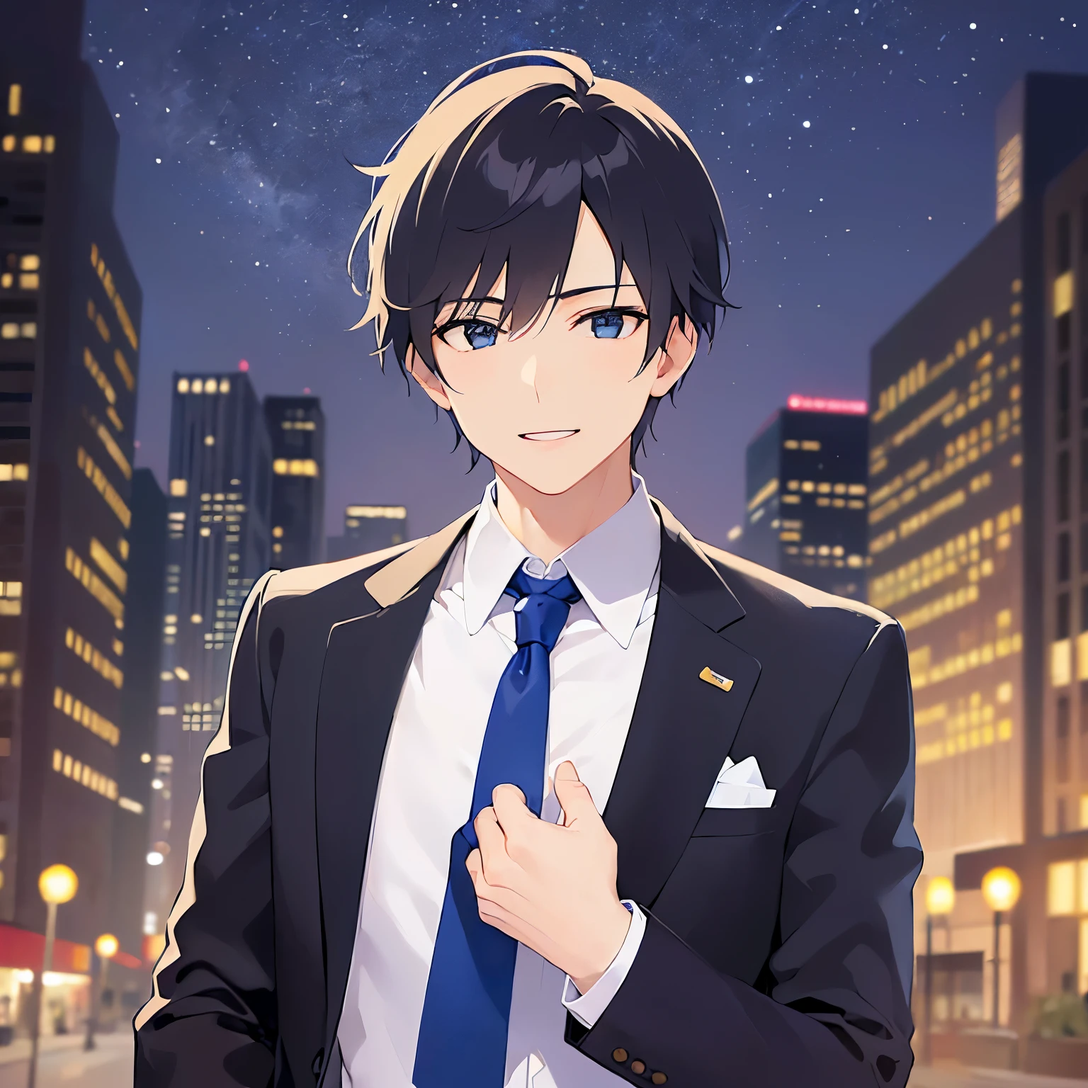 masterpiece、Highest quality、、open arms for viewer 、upper body,
(25-year-old male:1.5) and(Black short hair) and (blue eyes), 
(suit:1.5) and (Blue tie）(suit:1.5) and (Blue tie）、
smile,The background is the city at night、（Night Sky：1.5）