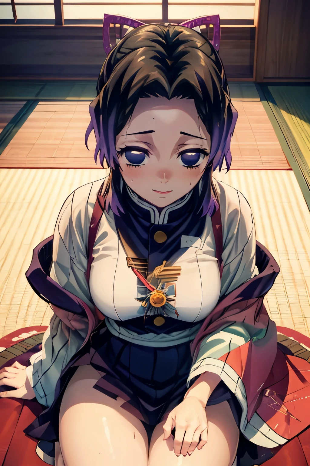 8k, raw photo, masterpiece, extremely detailed, best quality, only 1 girl, eft_shinobu, (nsfw), beautiful girl, high quality, (looking up the viewer, view from above, front view, close up model, eye contact), 18 years old, lewd smile, bitch, lewd, blush, (a girl begs the viewer to have sex with herself), sweat drop, shame, drool, love juice, sitting, indoor, Japanese room, tatami