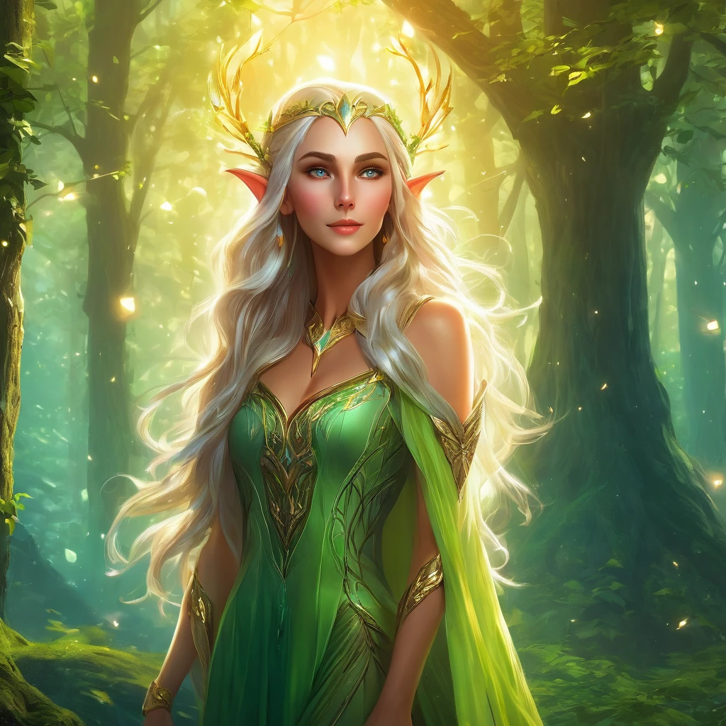 a beautiful elf woman, Detailed facial features, long pointed ears, Ethereal and glowing skin, ( full-body shot），Long flowing hair, elegant posture, Meticulous costumes, Fantasy forest background, magical glowing lamp, movie lighting, bright colors, Digital art, intricate details, 8k, Realistic