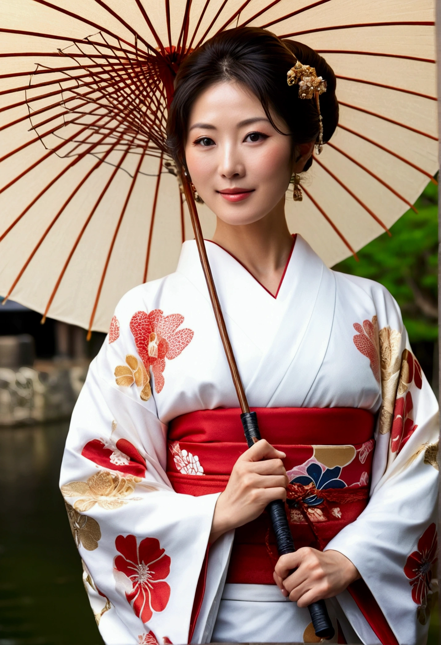 (masterpiece), high quality, Beautiful photos ,(high dynamic range:1.3), Fine pores, Intricate details,original photo, 16K, first class quality, Extremely detailed RAW color photos, (actual, photoactual:1.2), (highly refined skin:1.1).A very beautiful face.Elegant middle-aged Japanese woman. She wears an exquisite and elegant noble kimono.Wearing white socks and flip-flops. She holds a big oil paper umbrella in her right hand. The umbrella blocked the sunlight behind.She appeared in scenes all over Osaka, Japan.Kyoto.Gion.Kamo River.She looks like a model.