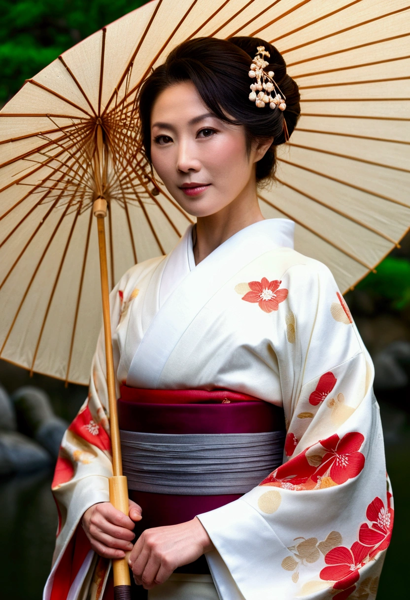 (masterpiece), high quality, Beautiful photos ,(high dynamic range:1.3), Fine pores, Intricate details,original photo, 16K, first class quality, Extremely detailed RAW color photos, (actual, photoactual:1.2), (highly refined skin:1.1).A very beautiful face.Elegant middle-aged Japanese woman. She wears an exquisite and elegant noble kimono.Wearing white socks and flip-flops. She holds a big oil paper umbrella in her right hand. The umbrella blocked the sunlight behind.She appeared in scenes all over Osaka, Japan.Kyoto.Gion.Kamo River.She looks like a model.