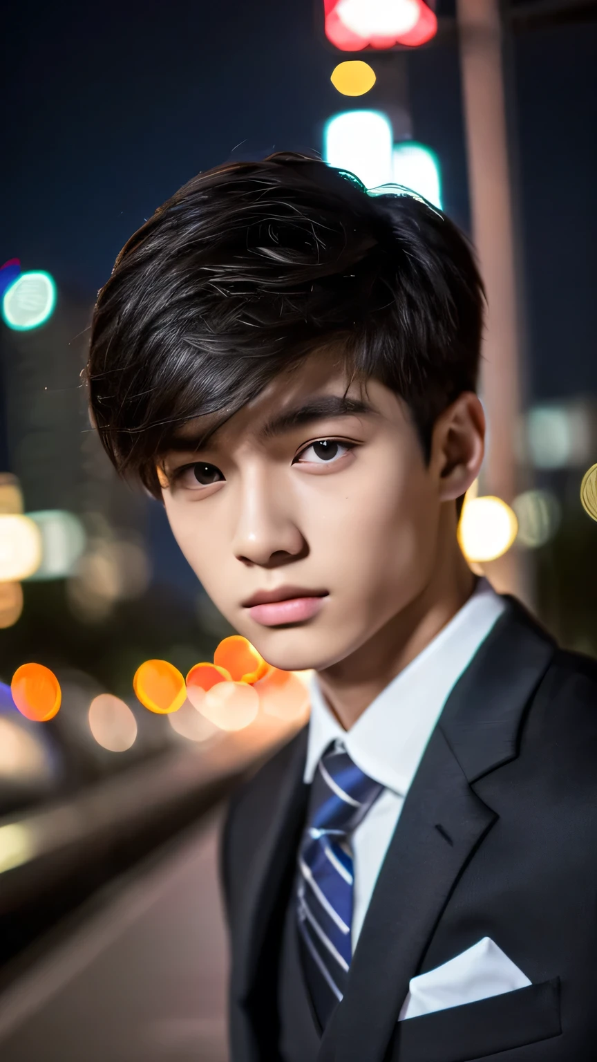 Highest quality, masterpiece, Ultra-high resolution, (Realistic: 1.4), Original photo, wallpaper, Head Photo, skin, Simple Background, Iris, detailed, Selfie, 1 boy, 18-year-old, good looking, Wind,suit、Night view