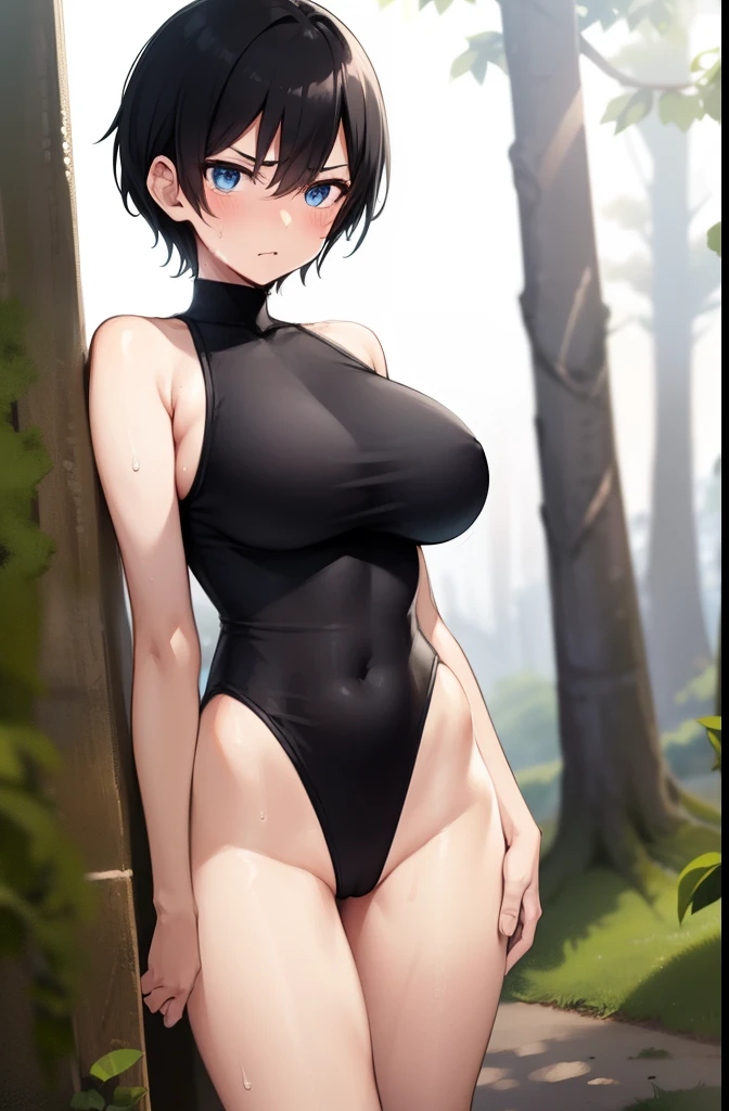 boyish,Very short hair,Black Hair,Large Breasts,Black leotard,High leg,blush,Serious face,blue eyes,forest,Sweat,barefoot,Are standing