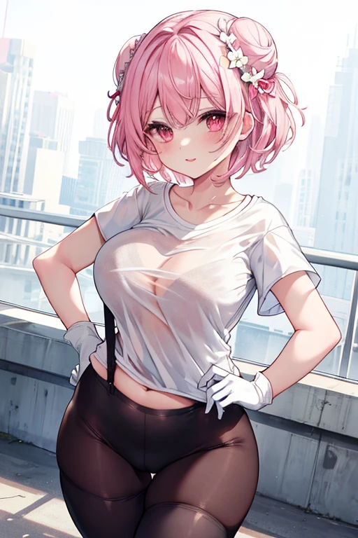 High school, pink short hair, bangs cover one eye, droopy eyes, big breasts, thick thighs, white panties,