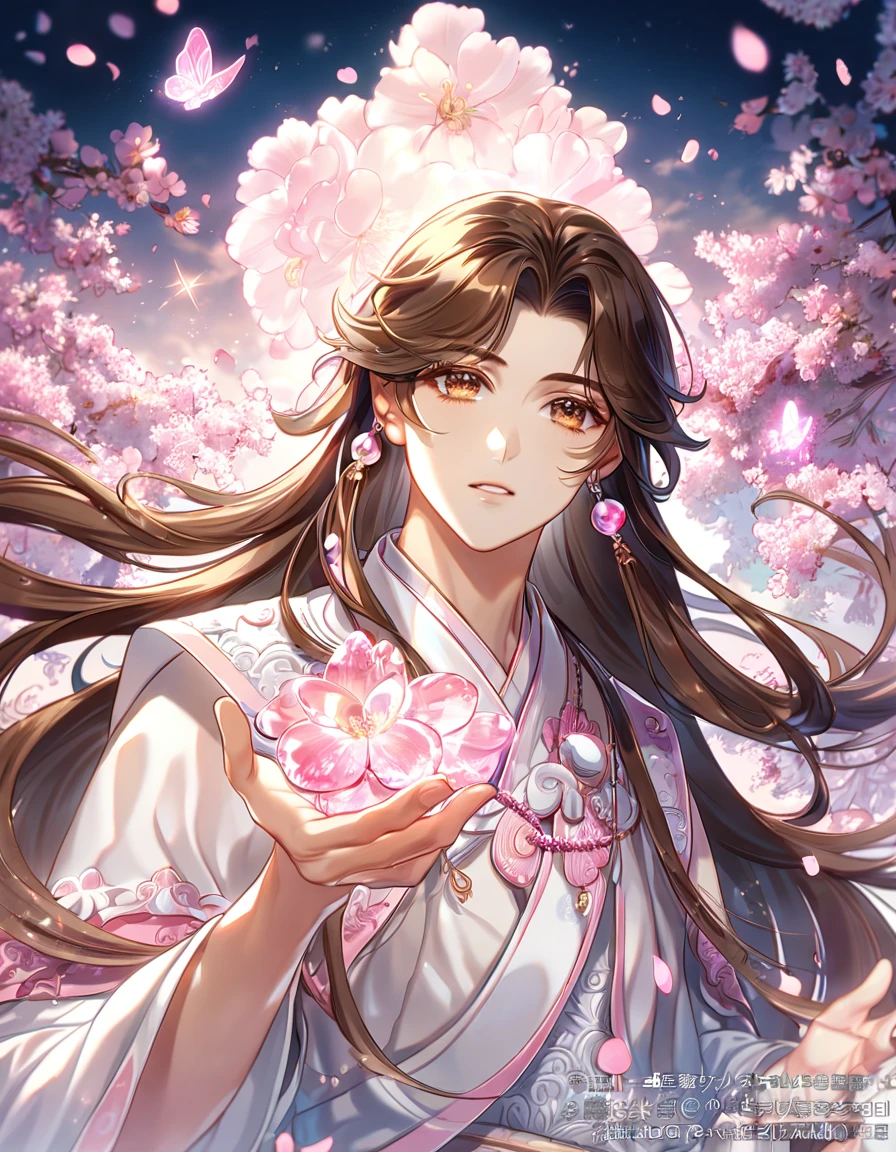 absurdres, highres, ultra detailed, HDR, master piece, best quality, extremely detailed, Xie Lian, brown hair, long hair, expressive brown eyes, Heaven Official's Blessing, solo, sexy man, handsome, sensual, white robes, magical, sparkling, pink glittering fireflies, pink ice, pink ice butterflies, pink ice petals, pink ice cherry blossoms, pink crystal