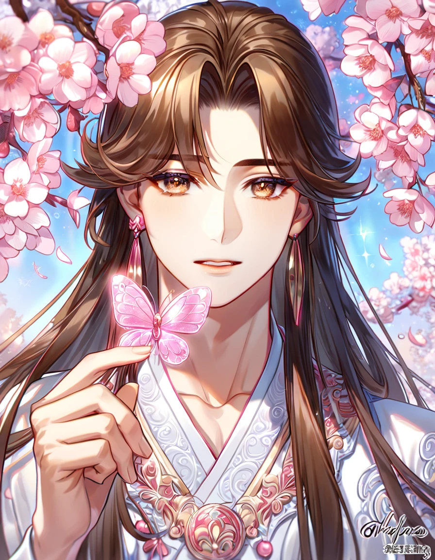 absurdres, highres, ultra detailed, HDR, master piece, best quality, extremely detailed, Xie Lian, brown hair, long hair, expressive brown eyes, Heaven Official's Blessing, solo, sexy man, handsome, sensual, white robes, magical, sparkling, pink glittering fireflies, pink ice, pink ice butterflies, pink ice petals, pink ice cherry blossoms, pink crystal