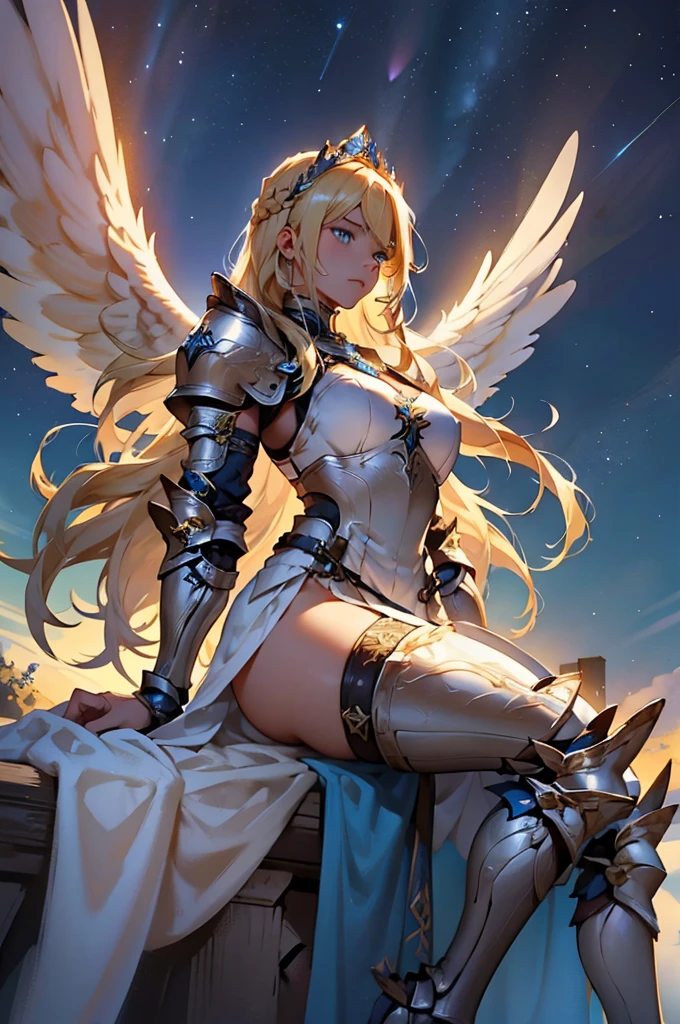 woman, long hair, blonde hair, blue eyes, wears armor, underneath the armor she wears pants that go down to the armor on her legs, and on her legs armor goes up to the skirt, on the arms She only wears bracelets, a tiara with two angel wings, a white dress with blue outlines, the setting is a starry sky.