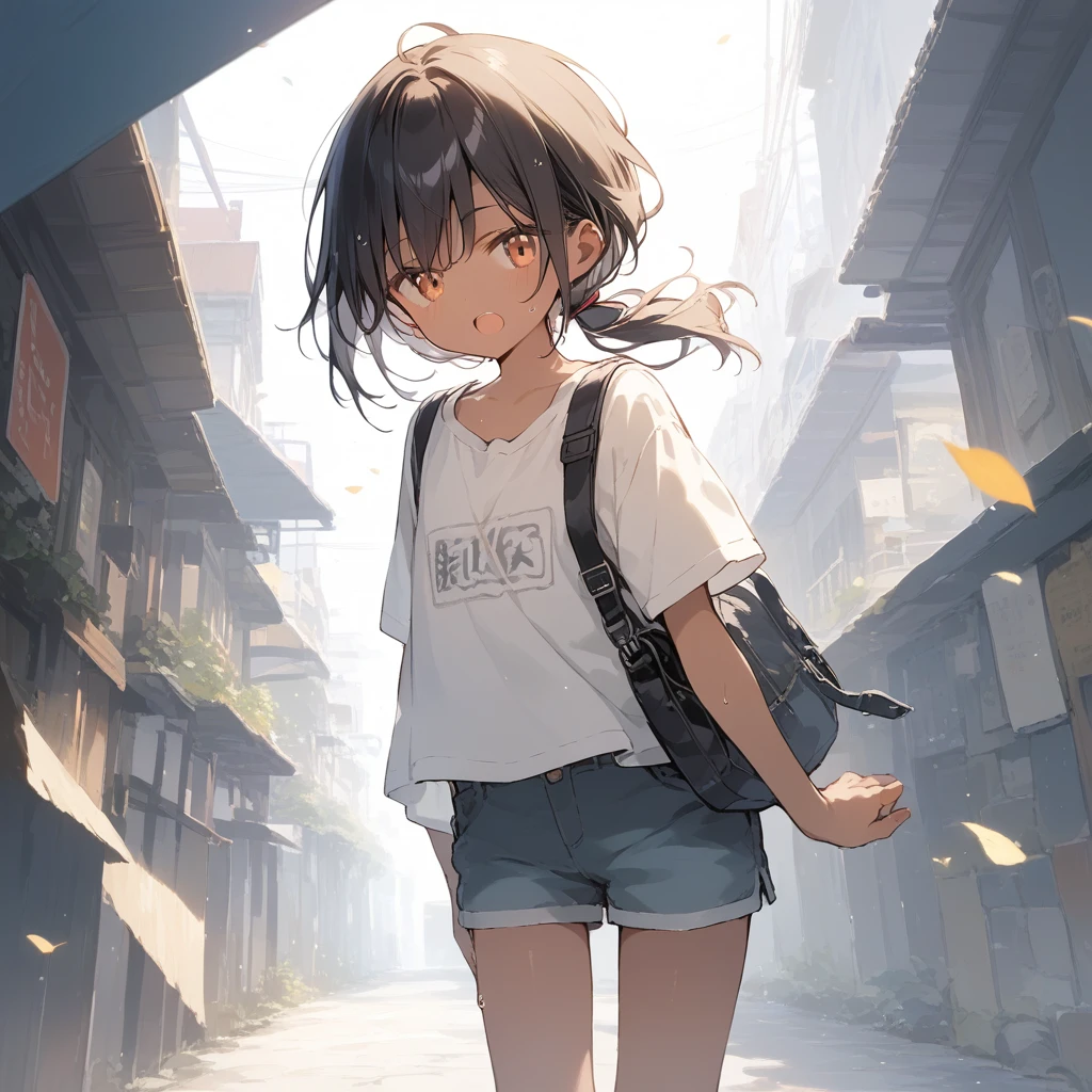 score_9, score_8_up, score_7_up, source_anime, best quality, masterpiece, official art, absurdres, highres, ultra-detailed,waifu2x,Collection: Slice of Life,break,1girl, tomboy, dark-skinned female, short hair, low ponytail, flat chest, beautiful detailed eyes, shorts, sweat, open mouth, (yawn:0.3), sleepily, outdoors, wind,break,(clear line illustration:1.2), super detailed skin,very high resolution, very aesthetic, Best sexual lighting powered by famous artist, 8k,cute picture,beauty illustration,photoshop_(medium),,(Detailed Lighting),best anime 8k konachan wallpaper, pixiv contest winner,