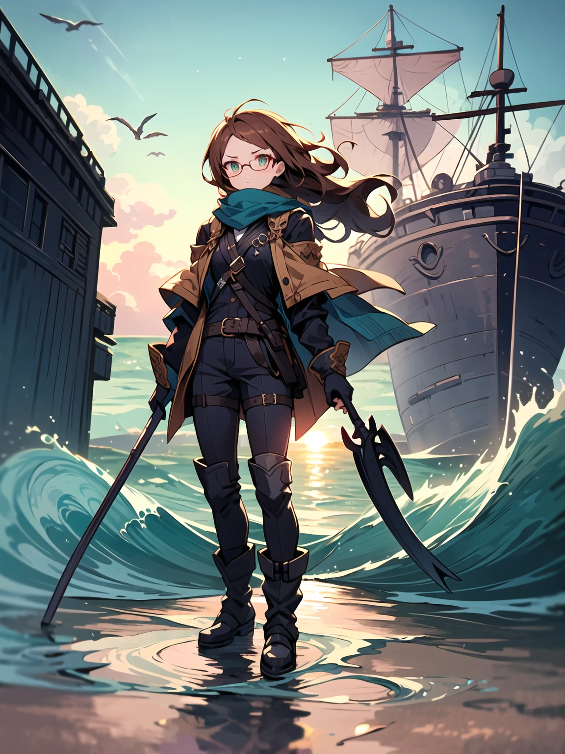 A captivating artwork of a fearless female pirate standing on the deck of a grand ship. The full-body view showcases her in rugged, stylish blue and brown attire, exuding an aura of adventurous spirit and daring courage. Her wild, curly auburn hair frames a face of striking beauty, highlighted by sharp green eyes that radiate determination and mischief. She holds a cutlass, ornately decorated and glowing with an aura of danger, adding to her formidable presence. The scenery around her is a vast ocean with a blazing sunset, casting golden hues on the waves. The sails billowing in the wind and seagulls circling above enhance the atmosphere of swashbuckling adventure, creating a scene of high-seas thrill.
