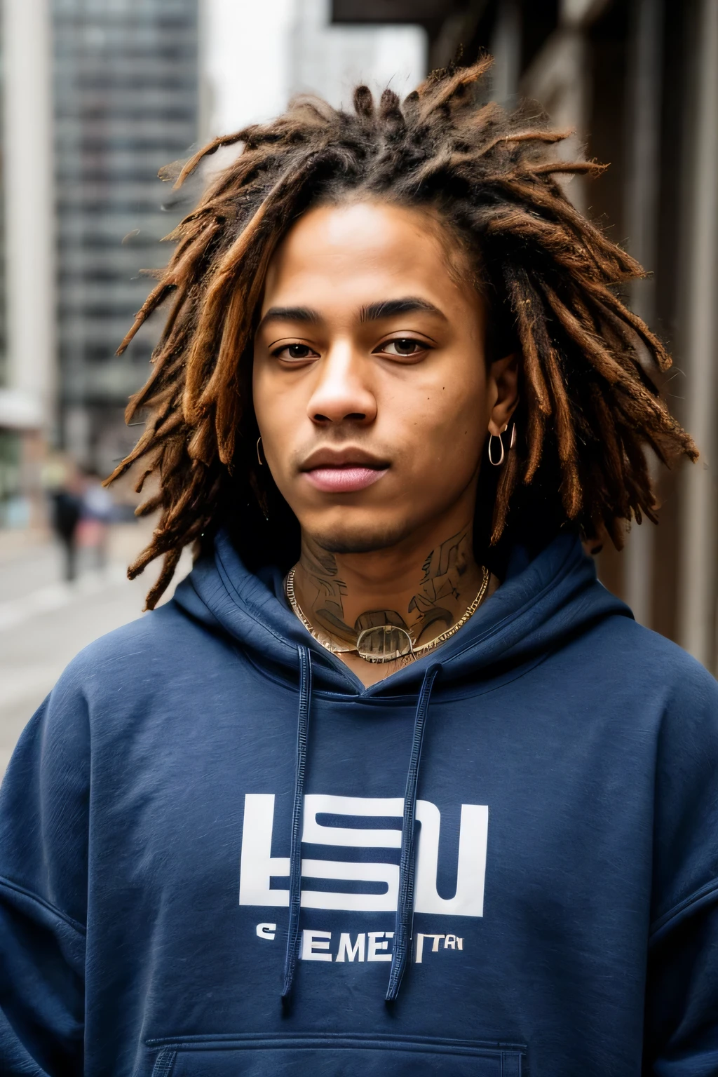 arafed man with dreadlocks wearing a blue hoodie, xxxtentacion, hypebeast, japanese streetwear, yung lean, wearing a blue hoodie, supreme, trippie redd, streetwear fashion, facial profile, 90s hiphop fashion, profile pic, high-quality, hyper realistic, photorealistic, 8K, best quality, 4k, 8k, highres, masterpiece:1.2), ultra-detailed, (realistic, photorealistic, photo-realistic:1.37), HDR, UHD, studio lighting, ultra-fine painting, sharp focus, physically-based rendering,extreme detail description, professional, vivid colors, bokeh