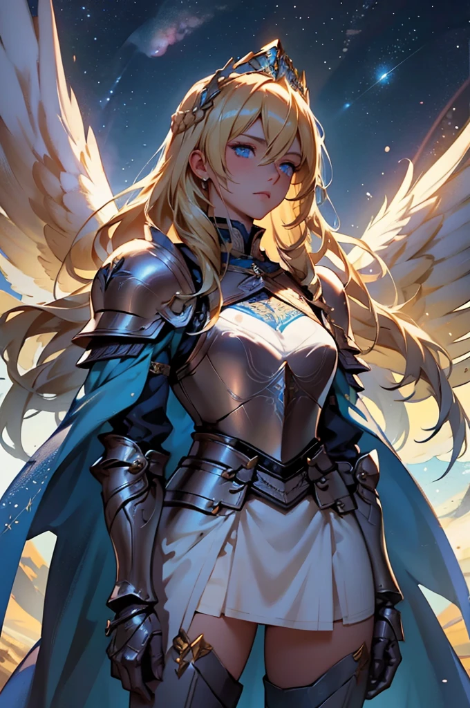 woman, long hair, blonde hair, blue eyes, wears armor, underneath the armor she wears pants that go down to the armor on her legs, and on her legs armor goes up to the skirt, on the arms She only wears bracelets, a tiara with two angel wings, a white dress with blue outlines, the setting is a starry sky.