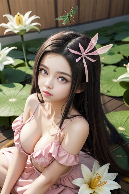 anime girl with dragonfly on her head sitting on a lily, nezuko-chan, demon slayer rui fanart, demon slayer artstyle, nezuko, anime styled digital art, detailed digital anime art, anime wallaper, ahegao, stylized anime, digital anime art, anime visual of a cute girl, anime style artwork, anime artwork, Pink Eyes.