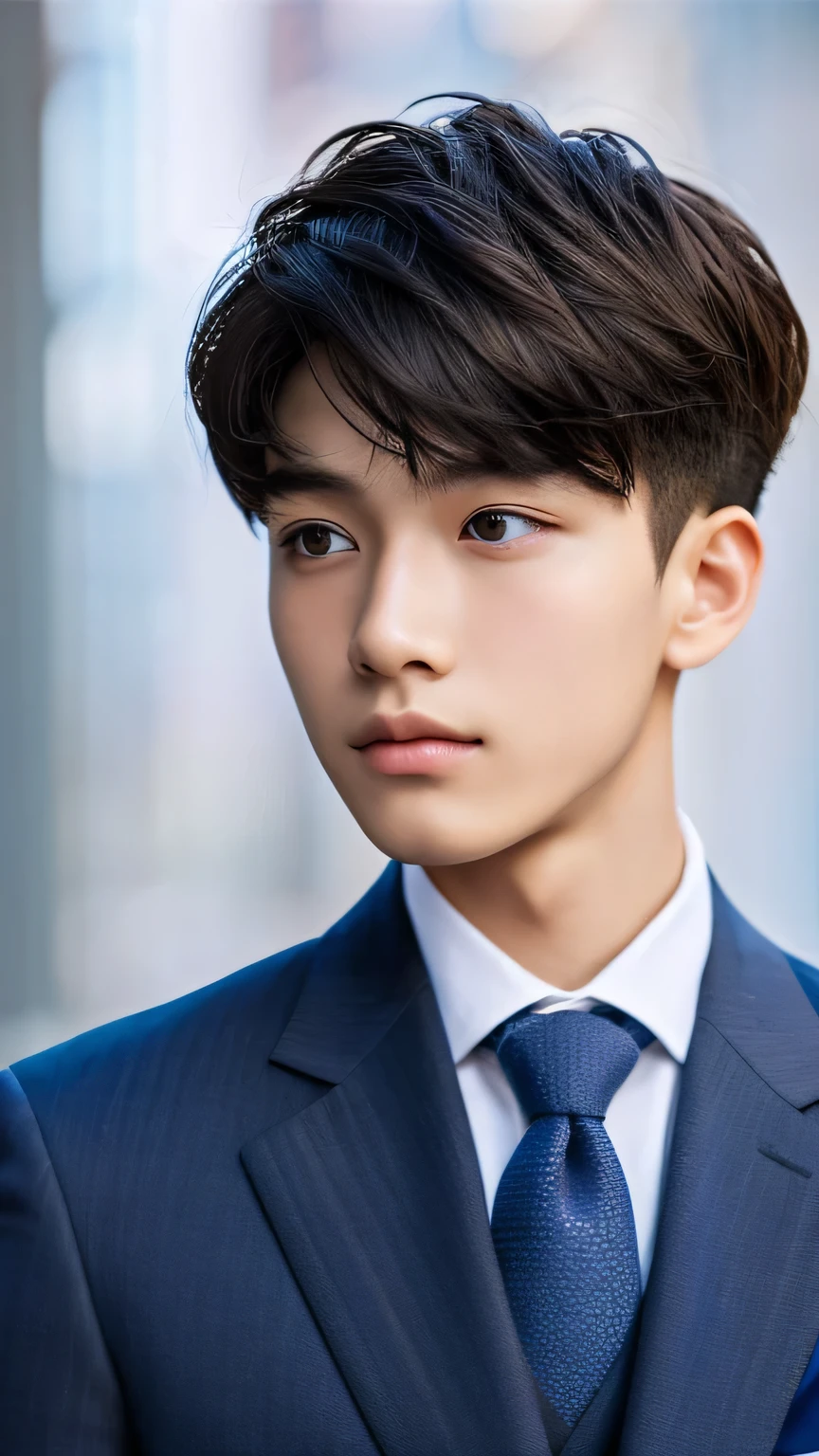 Highest quality, masterpiece, Ultra-high resolution, (Realistic: 1.4), Original photo, wallpaper, Head Photo, skin, Simple Background, Iris, detailed, Selfie, 1 boy, 18-year-old, good looking, Wind,Navy blue suit、town