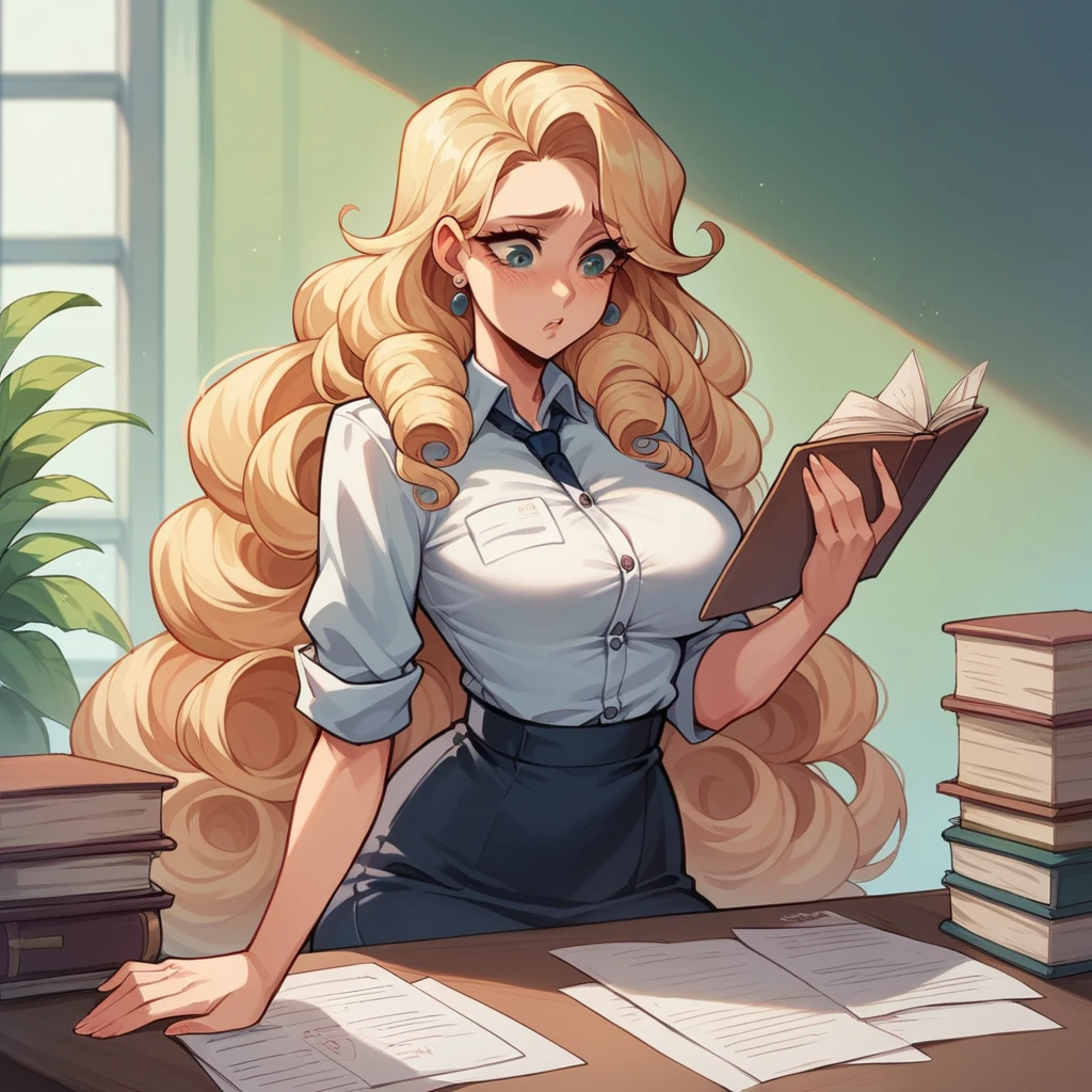 Beautiful woman 25 years old, not very high, long curly light blonde hair, Thin waist, big tits, well-shaped and large hips. She wears a secretary uniform, sitting on her folder, she is worried reading some files, Office