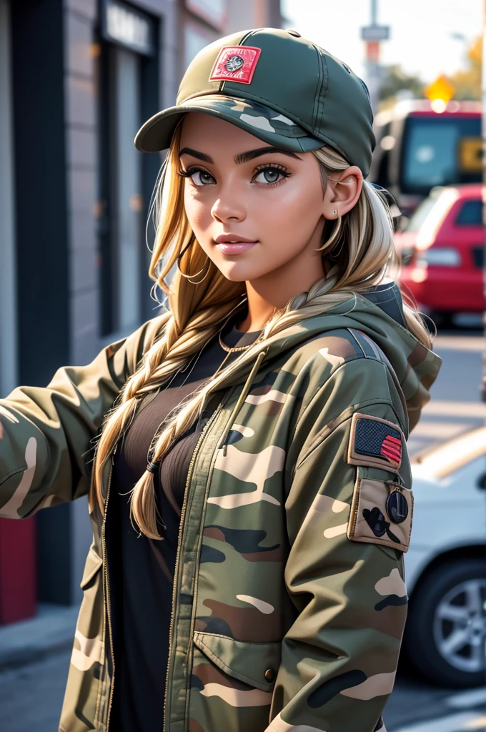 RAW photo in sequence, A photo of a 25-year-old woman, ((Upper body selfie)), Detailed face, detailed and slightly out of focus background shots, natural lights, HdR, realistic photo, profesional photography, visible to the viewer, sexy appearance, photorealistic, dark tan skin, 8K UHD, high quality, film grain, Fujifilm XT3, Modern camo jacket, backwards camo ballcap, braided hair
