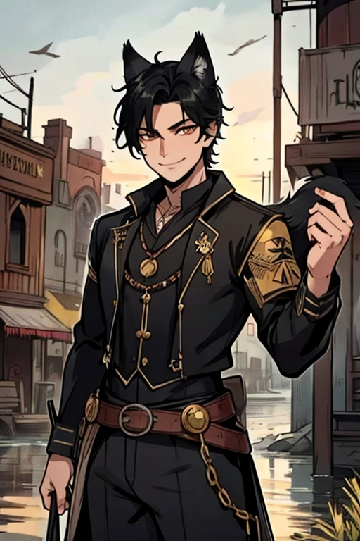 Perfect face. Perfect hands. A black haired male cowboy with golden eyes and black fox ears and a black fox tail in a sheriff's outfit is smiling in front of a water tower in a wild west town with a big smile