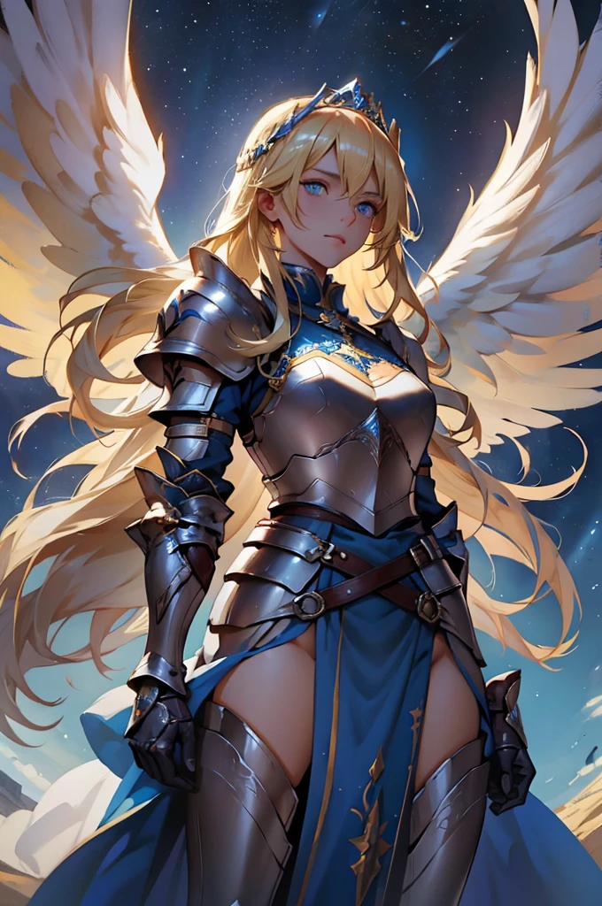 woman, long hair, blonde hair, blue eyes, wears armor, underneath the armor she wears pants, and on her legs armor goes up to the skirt, on the arms she only wears bracelets, she wears a tiara with two angel wings, dressed in white with blue outlines, the setting is a starry sky