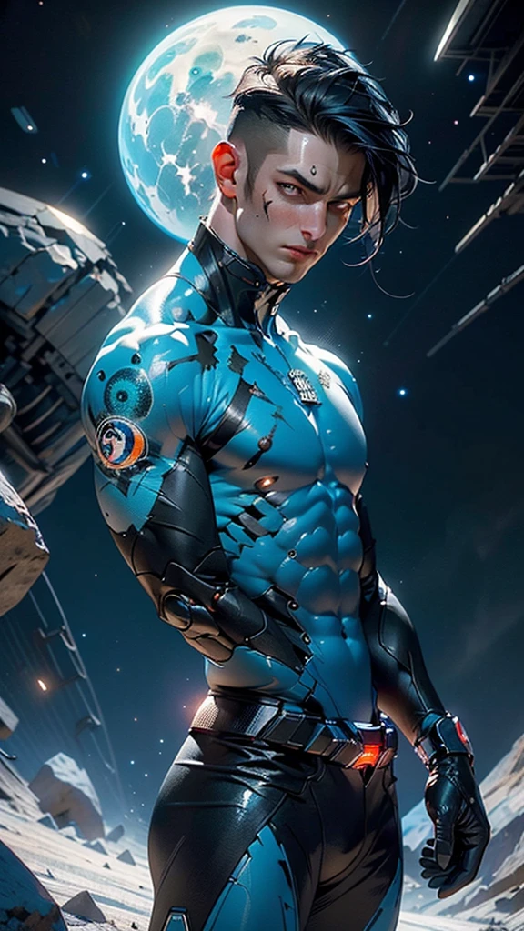 Man with handsome face, luminescent blue tattoo, ((glowing red eyes)), extreme instinct, energy man, fire, lava, male, male muscular blue body, male bodybuilder,blue male pecs, blue skin, blue male, sexy, Neon ((Blue skin Body)), blue bodybuilder, masculine, ((shiny)) ((glowing)),muscular male blue synthetic biomech, divine pose, divine, devoid of face, (1male), flat face, action shot, cybernetic, fully blue, (devoid of hair), smooth, synthetic skin, synthetic muscles, accurate anatomy, all smooth, no plates, (blurry face), full white, (NOhumans), (Male Focus), armpit, masculine shape, masculine, rough, raised , sexy, correct anatomy, almost naked, bara,blue humanoid, barechested, male, white electricity coming through cracks, muscular male,((((blue body, blue face, completely blue skin, completely see-through body and skin,translucent skin))))
((Fantastical Bridge Ancient:1.5, dark stone-built, Glowing blue:1.5)),((Starry sky,Unknown constellations)),(Night, Silence,Mystery),((Dark tones in the background)),((broken earth,asteroid field:1.5)),(jagged dark rocks boulders and debris shooting into the air:1.3),Extraterrestrial scenery,dark asteroid belt,surrounded by several dark asteroids glowing with fiery auras, vast and mysterious universe,cosmic landscape,mysterious planet,scenery:1.25,((intricate scenery)),(black background, stars that do not shine, sense of space),
(Glossy Ancient ornaments),highres,sharp focus,(ultra detailed,extremely detailed),(photorealistic artwork:1.37),(extremely detailed CG unity 8k wallpaper),(((vibrant colors,vibrant theme))),(intricate),(masterpiece),(best quality),artistic photography,(photography taken by sldr),(intricate background),((intricate detail)),(((realism))),