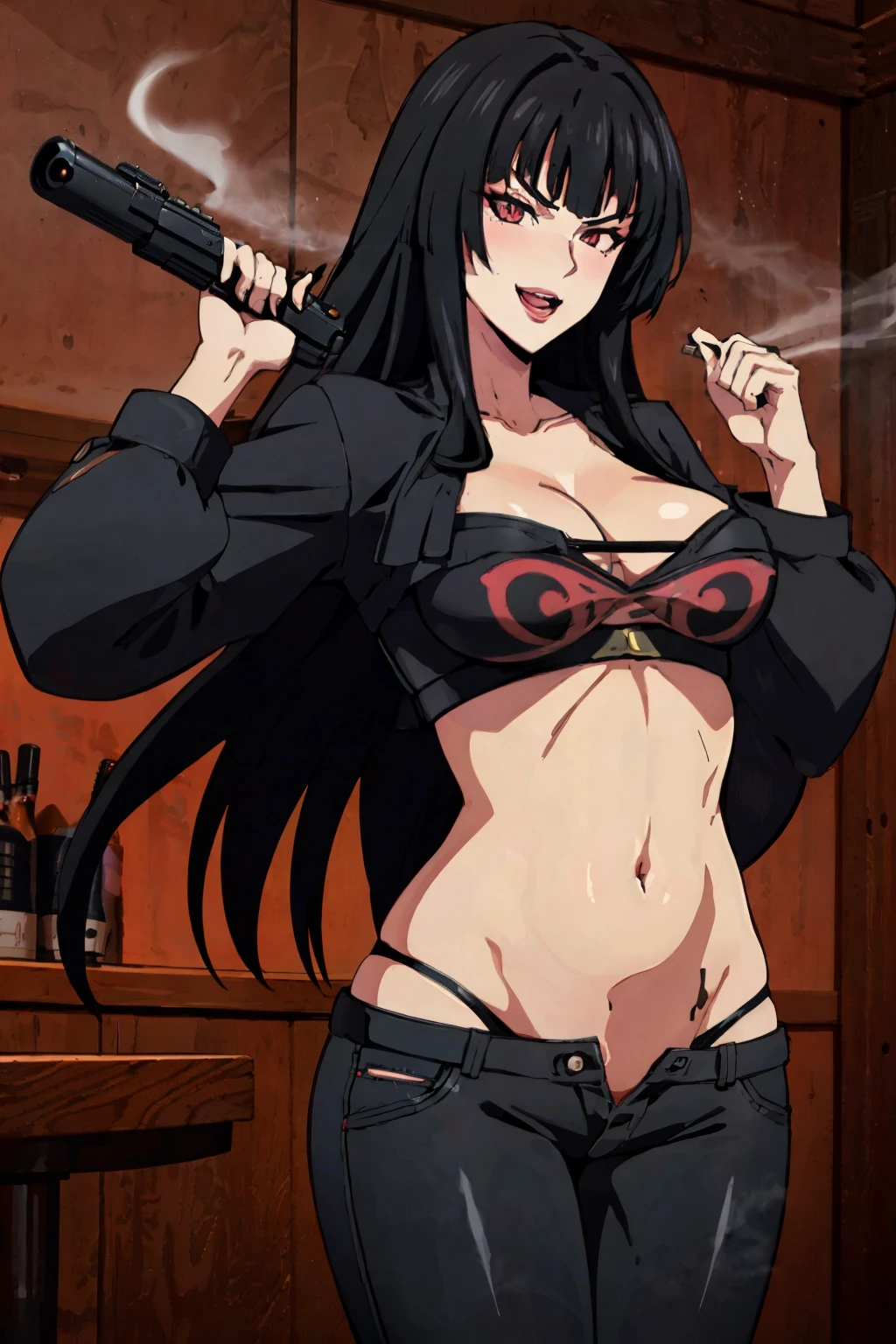 Glass, mature, large breast, black hair, long hair, Hot girl, baddie, bad attitude, mean girl,crazy, smoking, sensual, attractive, blush, lipstick, bar background, inside bar, indoor, masterpiece, best quality, highly detailed, a girls with a gun, evil smile , open mouth, sexy gaze, badass pose , evil smile, smile, guns blazing, anime girl with long hair, beautiful long haired girl, navel, evil expression, exposed belly, exposed navel, exposed midriff, exposed lower belly, long black pants, crop top, cleavage, unbuttoned leather pants ,open fly, low rise black leather pants, leather jacket, holding a gun, holding pistol,
