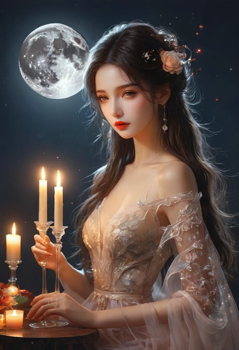 hat, a girl in transparent long dress, full moon, elbow_gloves,stiletto_heels, candles, wine_glass