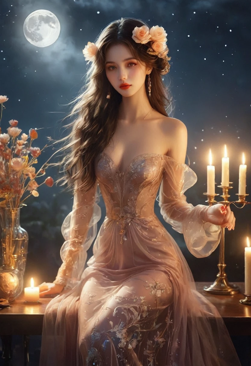 hat, a girl in transparent long dress, full moon, elbow_gloves,stiletto_heels, candles, wine_glass