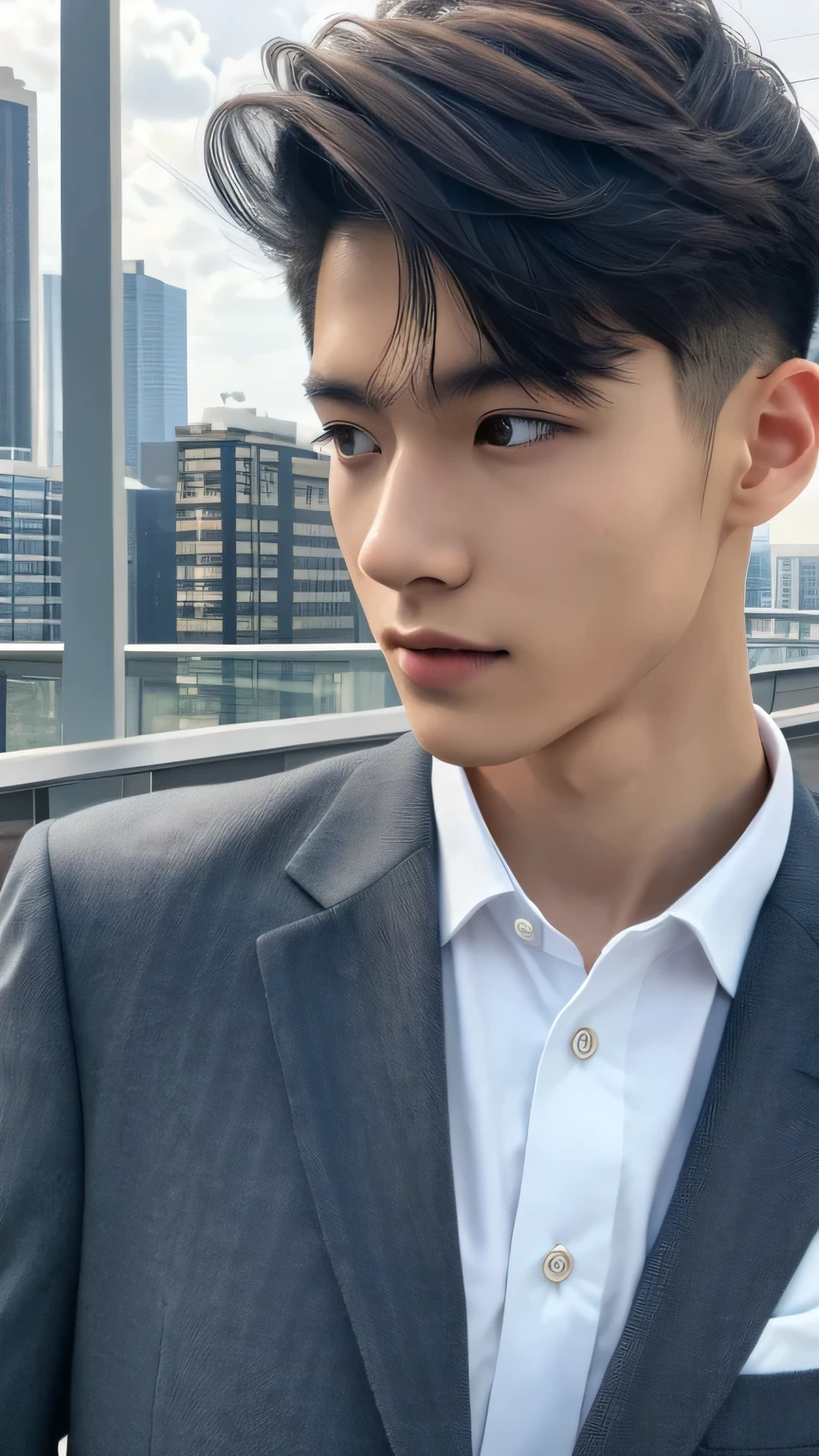 Highest quality, masterpiece, Ultra-high resolution, (Realistic: 1.4), Original photo, wallpaper, Head Photo, skin, Simple Background, Iris, detailed, Selfie, 1 boy, 18-year-old, good looking, Wind,suit、rooftop