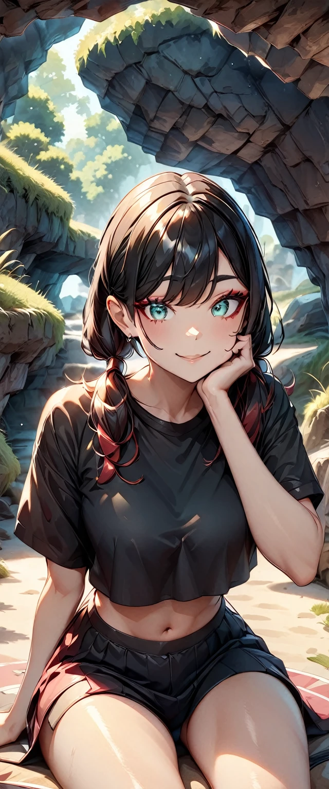 Photo of a girl with natural skin, ((Baby Face)), Smiling, ((Sitting, Leaning forward, Cheek resting on hand)), From the side, Round face, A girl wearing mainly black and red, ((Upper Body)), Beach cave, The light is shining in, High Twintails, Black hair with red mesh, Sharp eyes with red eyeshadow, Blue-green eyes, Shining eyes, A thin, upturned nose, Well-shaped lips, ((crop top overhang, Short sleeve, Black clothes, Thighs, Glamour body)), Makeup, Exquisitely crafted with the utmost attention to detail, Vibrant, amazing, Smooth, Cinematic, 4K, Backlight, (()), Shallow depth of field, ((Detailed eyes:1.3, Detailed lips:1.3, high quality, )), masterpiece, Super detailed images, High quality