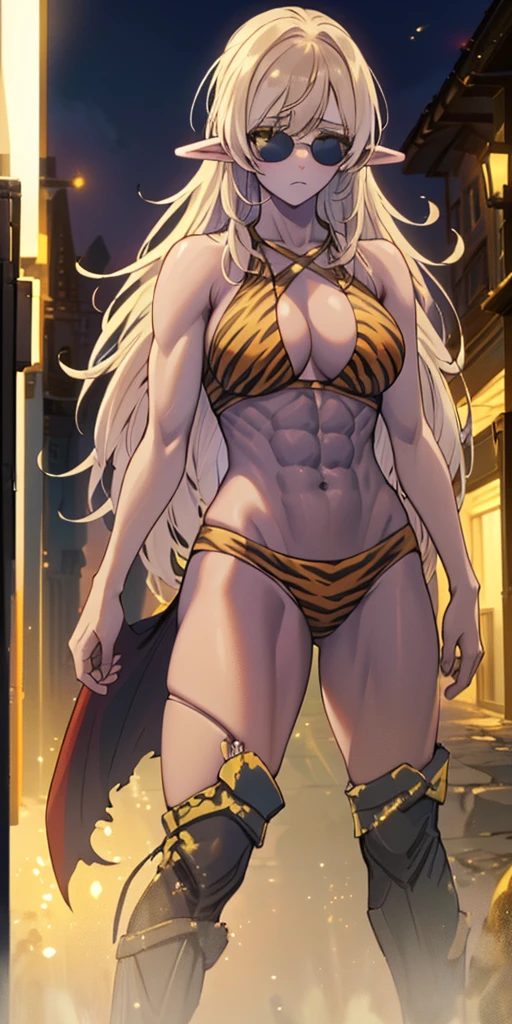 solo, indian ifbb, (shiny metallic gold bikini), white hair, dark skinned, thick lips, night, ruined cyber palace, view