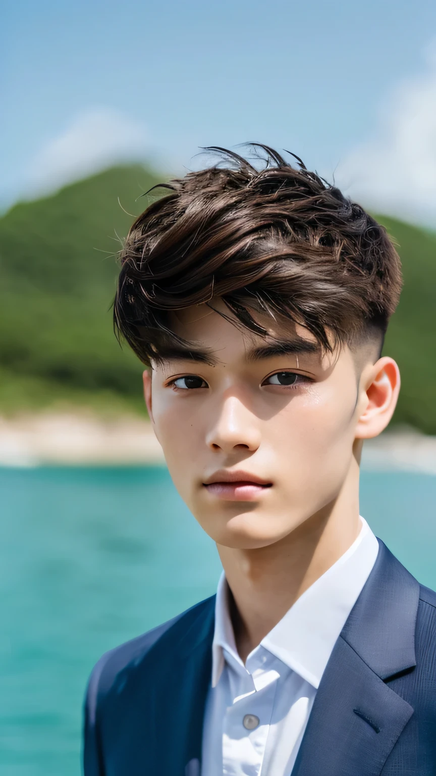 Highest quality, masterpiece, Ultra-high resolution, (Realistic: 1.4), Original photo, wallpaper, Head Photo, skin, Simple Background, Iris, detailed, Selfie, 1 boy, 18-year-old, good looking, Wind,suit、island