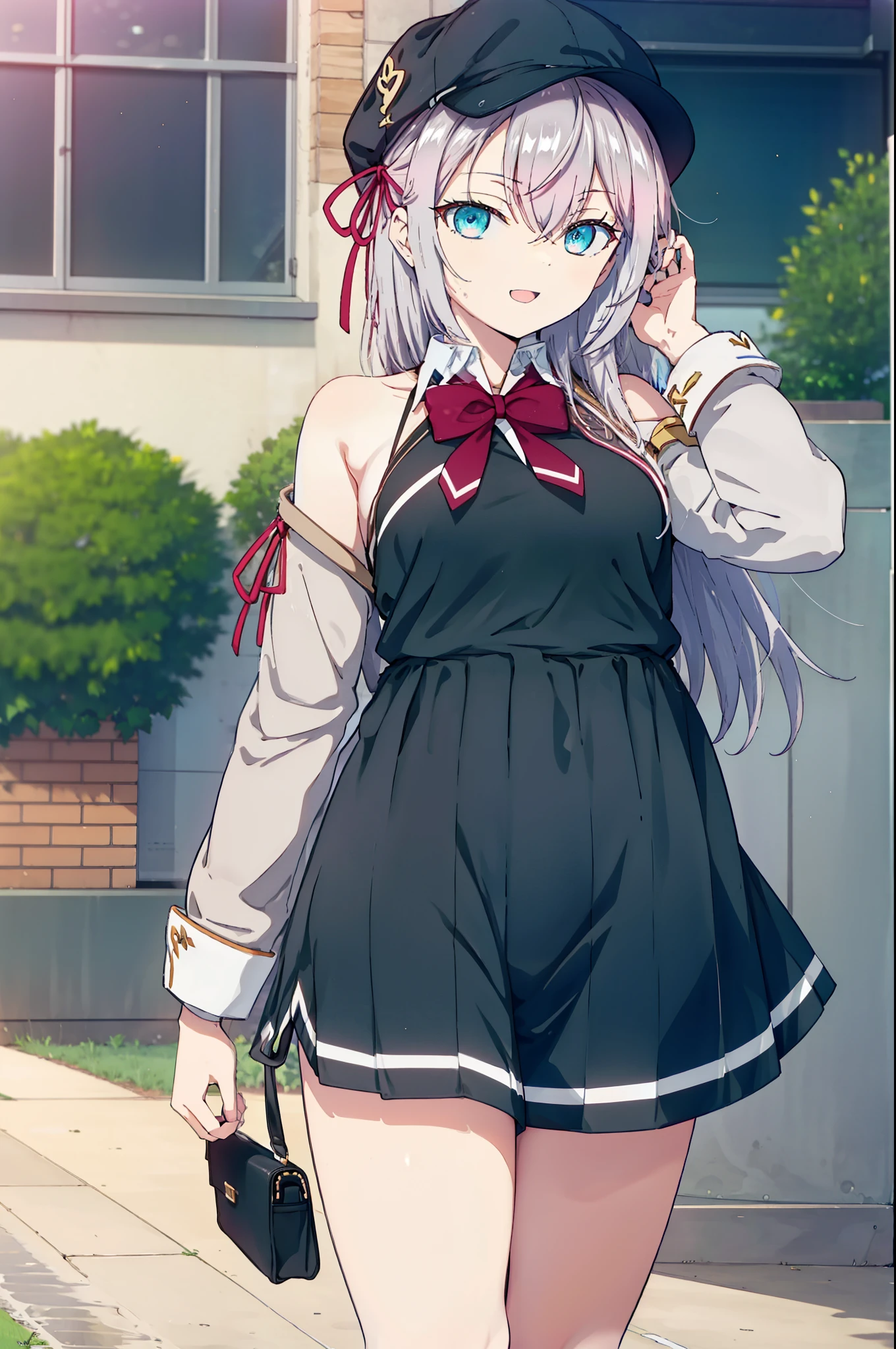 Alisa Mikhailovna Kujo,Hair between the eyes, Aqua Eye, Gray Hair, Long Hair, ribbon, hair ribbon, Oversized one-shoulder shirt,Shorts,Heeled Sandals,Baseball hats,walk,happy smile, smile, Open your mouth,whole bodyがイラストに入るように,Daytime,Clear skies,
break outdoors, Building district,
break looking at viewer, whole body,
break (masterpiece:1.2), Highest quality, High resolution, unity 8k wallpaper, (figure:0.8), (Beautiful attention to detail:1.6), Highly detailed face, Perfect lighting, Highly detailed CG, (Perfect hands, Perfect Anatomy),