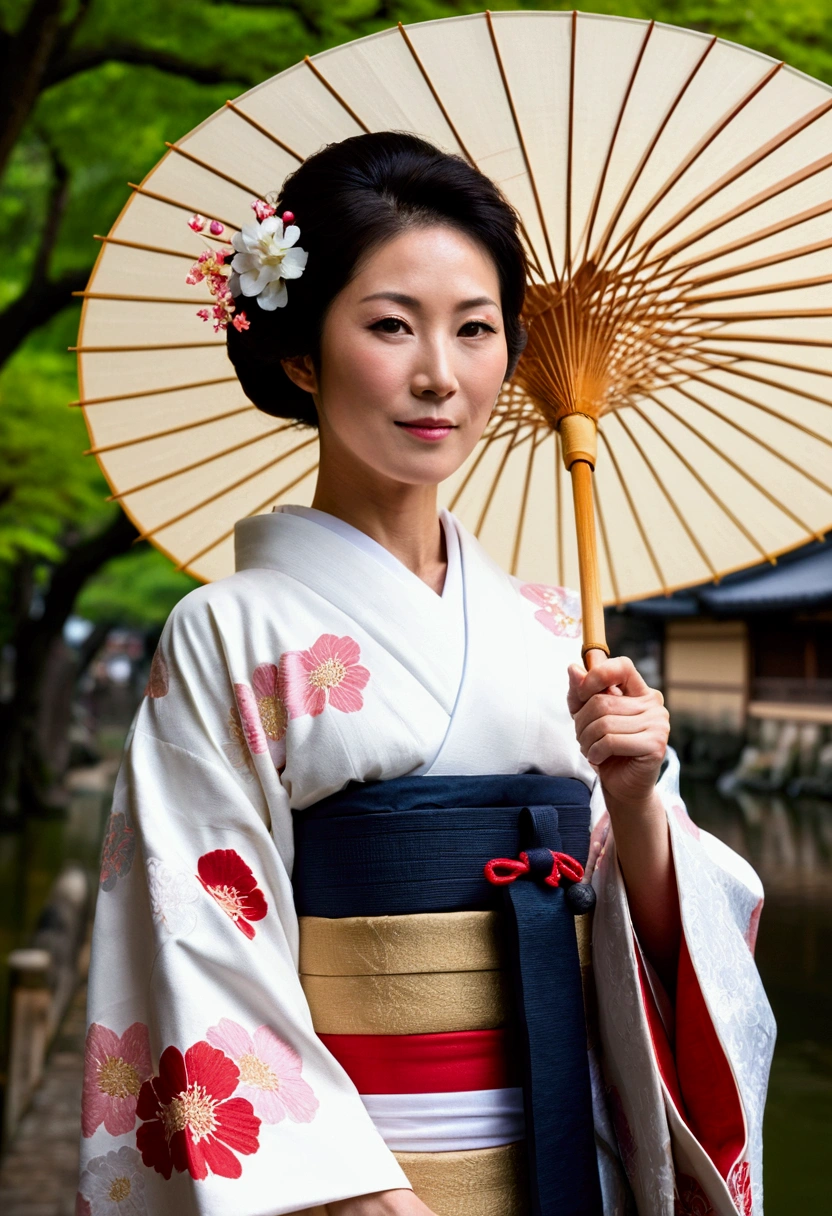 (masterpiece), high quality, Beautiful photos ,(high dynamic range), Fine pores, Intricate details,original photo, 16K, first class quality, Extremely detailed RAW color photos, (actual, photo), (highly refined skin:1.1).A very beautiful face.Elegant middle-aged Japanese woman. She wears an exquisite and elegant noble kimono.Wearing white socks and flip-flops. She holds a big oil paper umbrella in her right hand. The umbrella blocked the sunlight behind.She appeared in scenes all over Osaka, Japan.Kyoto.Gion.Kamo River.She looks like a model.
