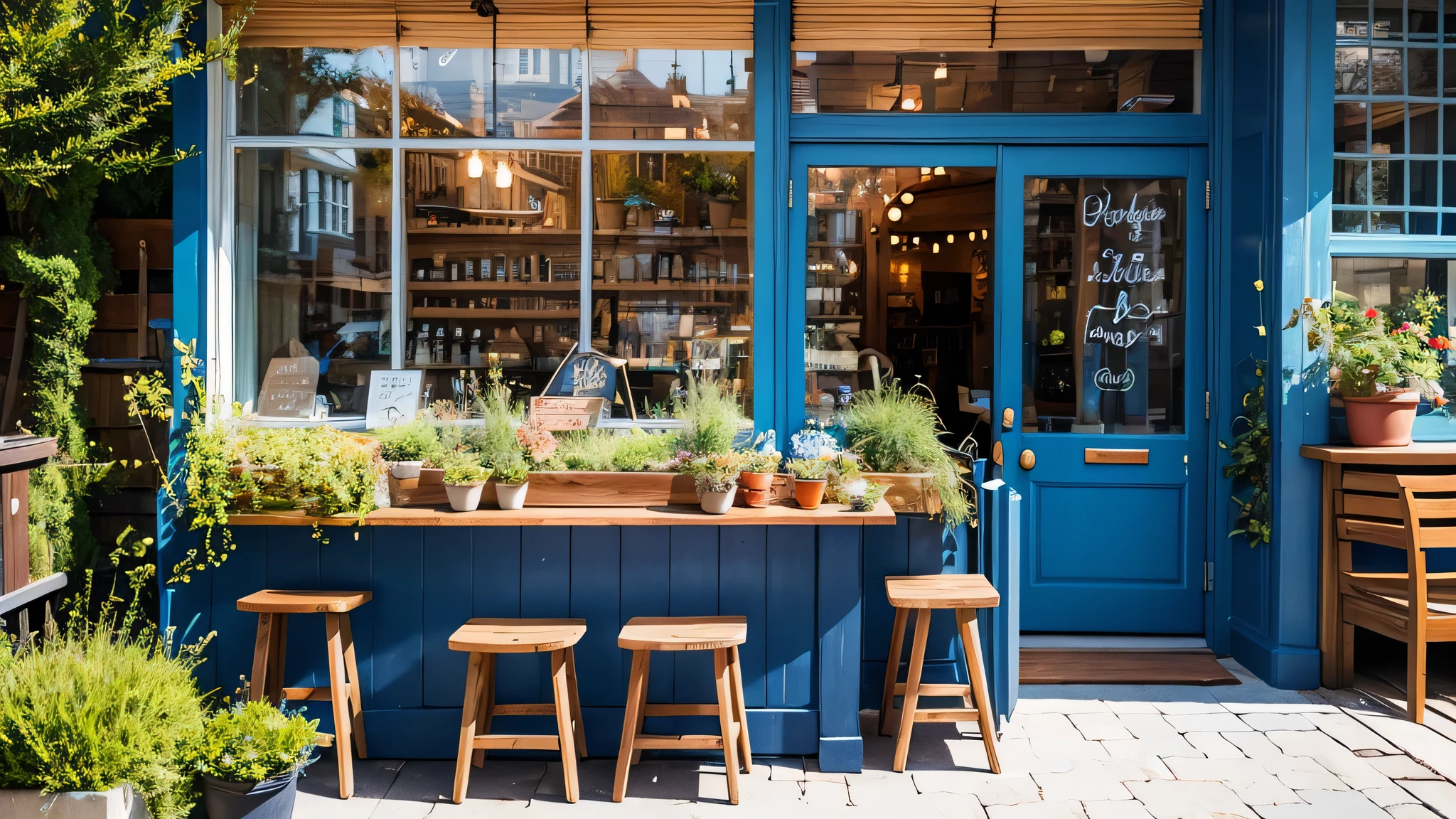 A charming café with a bright blue exterior and large glass windows, showcasing a cozy interior filled with shelves of goods. The entrance features a small chalkboard sign and seating outside with wooden tables and chairs. Planters with greenery decorate the space, while warm lighting from inside creates an inviting atmosphere. The scene conveys a relaxed, welcoming vibe, perfect for enjoying a drink or meal.