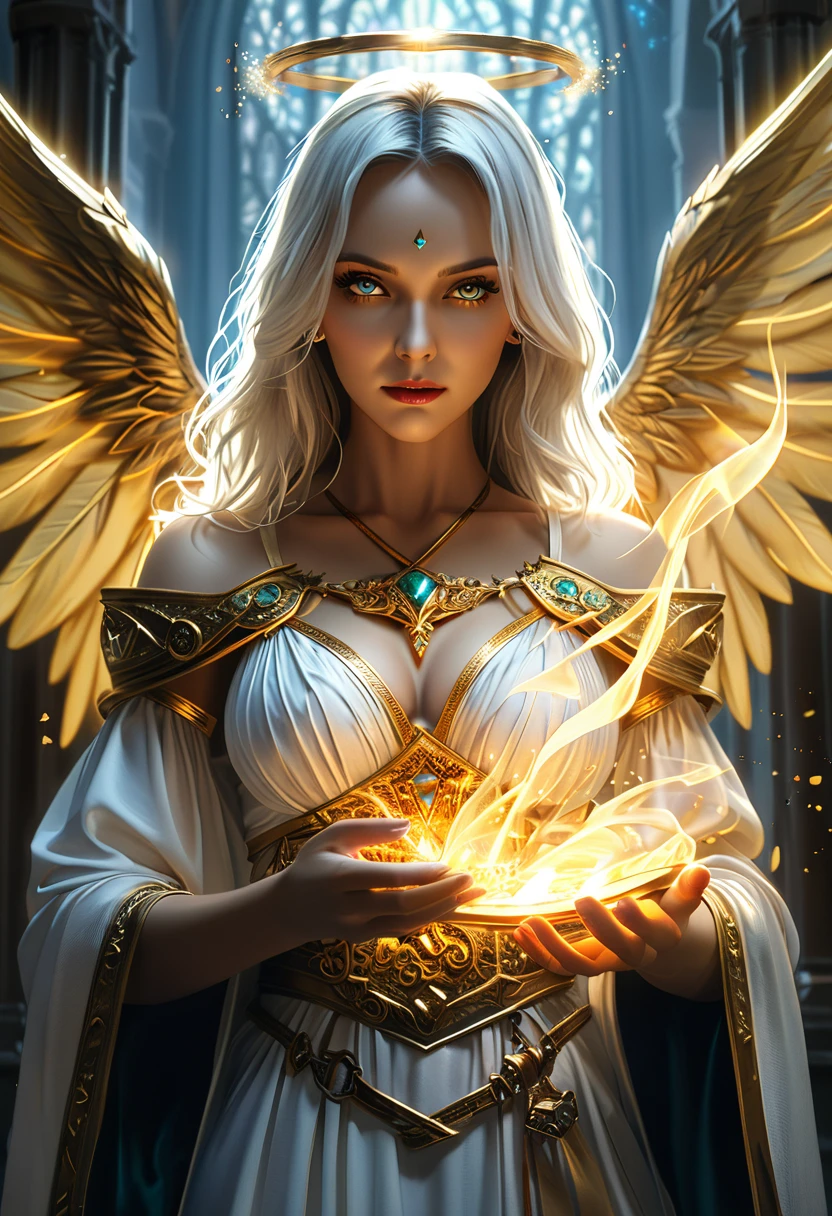 (best quality,4k,8k,highres,masterpiece:1.2),ultra-detailed,(realistic,photorealistic,photo-realistic:1.37),summoned from a magic square,dimensions-shifting holy priest,imposing angel figure,otherworldly,beautiful,(highly detailed face and body,highly detailed hand and fingers),white angelic robe,mystical aura,glowing fiery eyes,warm,heavenly atmosphere,dramatic lighting,cold color palette,magical particles swirling around,angleic energy emanating,powerful presence,ethereal beauty,captivating gaze,calming presence,mesmerizing,enchanting