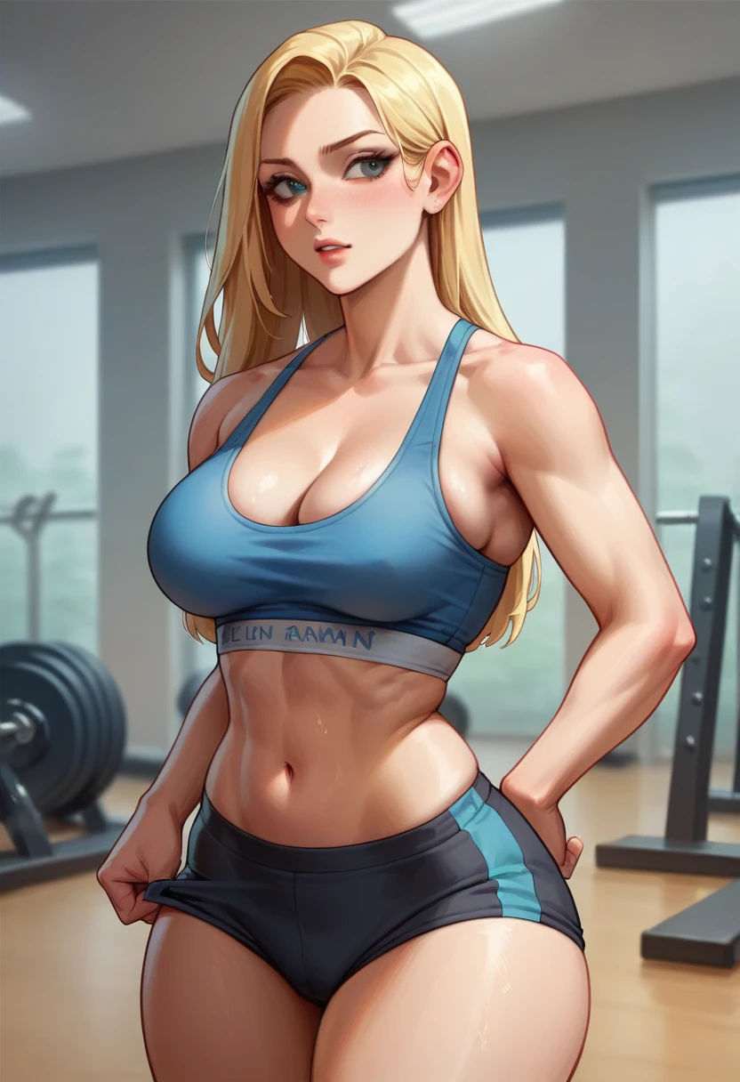 American 38years old women
Wearing blue bra and black tight lower
Hair colour blonde
Body measurement is breasts 42inches
, Waist 25inches , 50inches hips
Eyes colour light green. 
Doing squats in gym