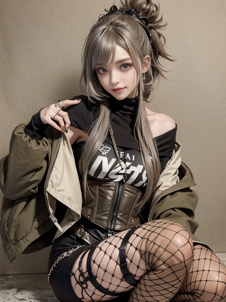 (Smiling with teeth showing:1.3),(Shibuya Gal:1.5)、(Beautiful:1.5)、(Neo-goth fashion:1.5)、(Punk RockVisual Kei:1.5)、(An off-the-shoulder hoodie in khaki and brown with delicate silver accessories.:1.5)、(A corset with a delicate beige and brown design:1.4)、(Dark grey, khaki and brown snakeskin bodysuit:1.5)、(Snake print headband:1.3)、(Beige and charcoal knee socks:1.4)、Embellished collar and long boots、(I&#39;m selling snake print underwear.:1.4)、(Long eyelashes:1.3)、(Age 25)、((Highest quality、8k、masterpiece:1.3))、1 Female、Slim and beautiful abs:1.3、(hairstyle casual、Beautiful boobs:1.1)、(Doing an aerobics pose:1.3)、dress:1.1、Super small face、Narrow eyes、double eyelid、A sloppy smile、Esbian all over body、Dynamic Angle、Close-up、CPL Filter、Blurred Background、Bokeh、Blue Hour、Detailed face and skin texture、Detailed eyes、,(Twin tails:1.3)、(Brown-golden hair:1.3)、Gravure idol、(The background is a glamorous dance hall:1.3)、(Make your legs thinner:1.4)、(Slim Body:1.3)、(clavicle:1.1)