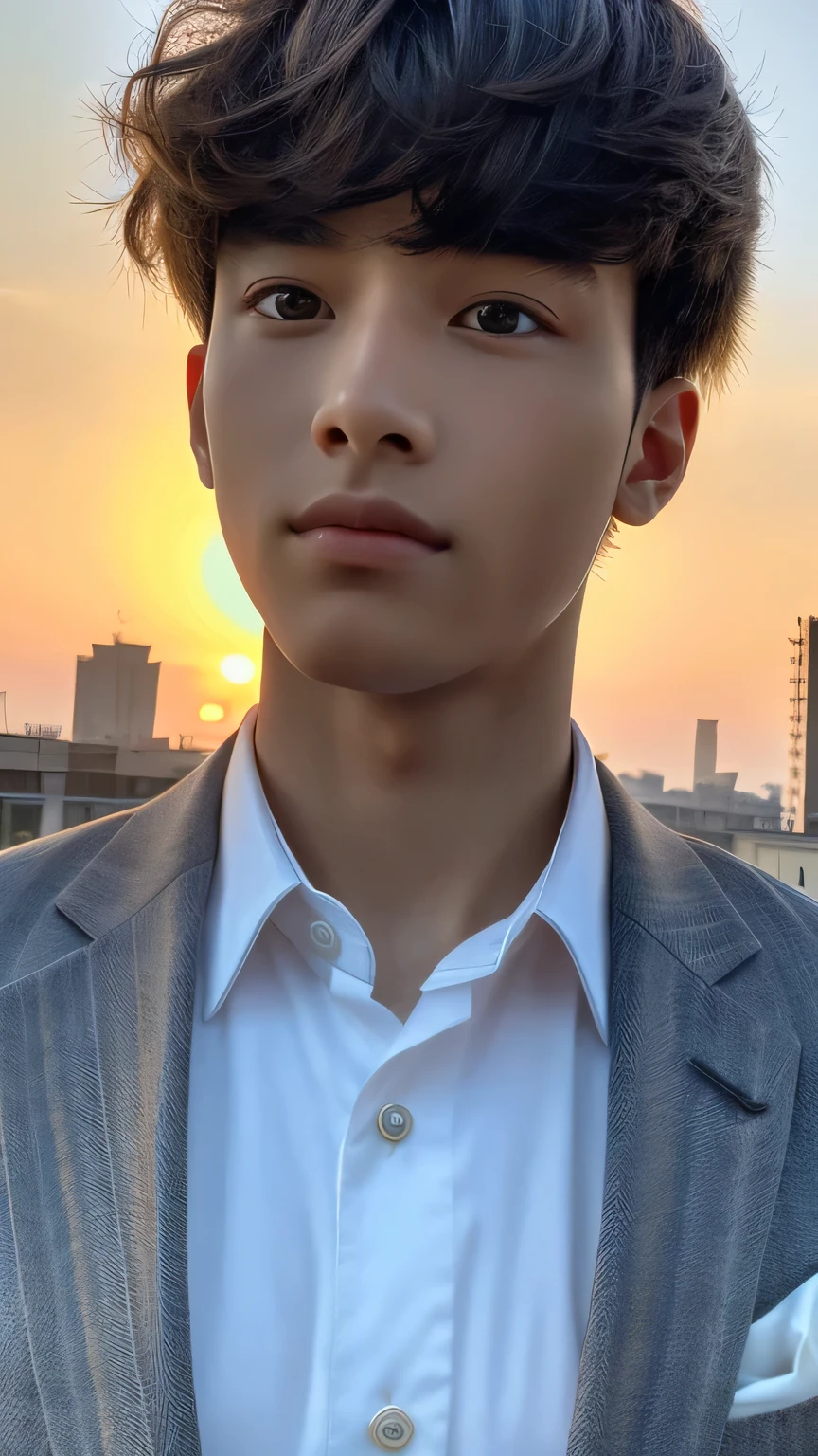 Highest quality, masterpiece, Ultra-high resolution, (Realistic: 1.4), Original photo, wallpaper, Head Photo, skin, Simple Background, Iris, detailed, Selfie, 1 boy, 18-year-old, good looking, Wind,suit、Sunset