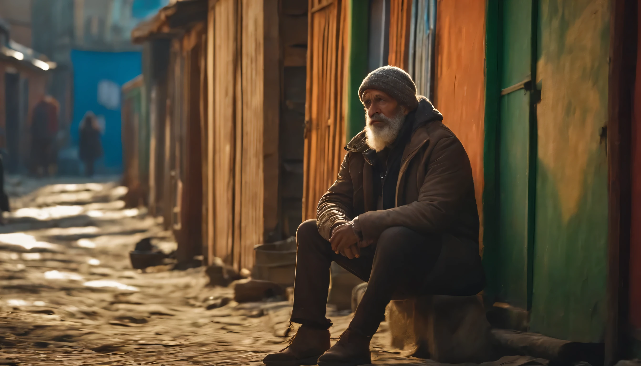 a poor man with a kind face, homeless man in the slums, colorful graffiti on wooden shacks, social inequality, poverty, urban decay, rugged streets, community spirit, resilience, (best quality,4k,8k,highres,masterpiece:1.2),ultra-detailed,(realistic,photorealistic,photo-realistic:1.37), cinematic lighting, gritty urban landscape, social commentary, vibrant colors, powerful emotion