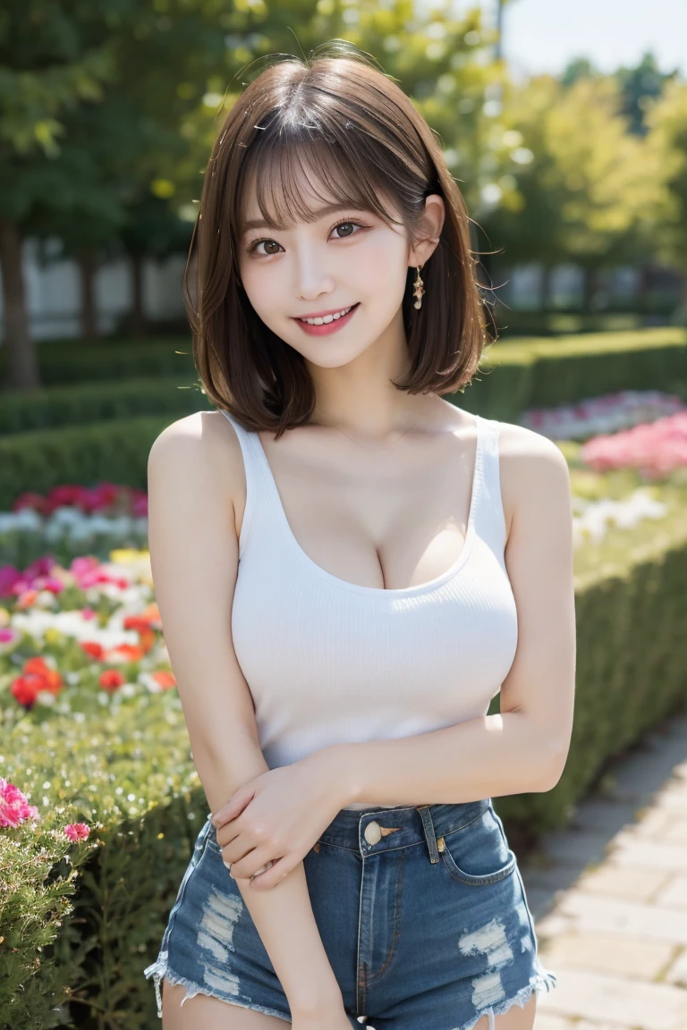 Flower Garden, Highest quality, shape, Very detailed, In detail, High resolution, 8k wallpaper, Perfect dynamic composition, Beautiful details,  Natural Lip, Denim shorts and tank top, Big Breasts, Cleavage, She is smiling in a cute pose.., A masterpiece of the whole body, Side Short