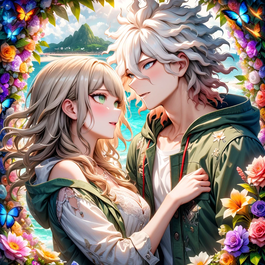 Ultra detailed, HDR, Highres, absurdres, master piece, Aida, ash blonde hair, expressive green eyes, Komaeda Nagito, white hair, expressive green-gray eyes, green coat with hoodie, white shirt, Danganronpa 2, flowers, butterflies, fantasy, magical, green leaves, summer, a beautiful woman together with a handsome man, couple, love, sensual, island