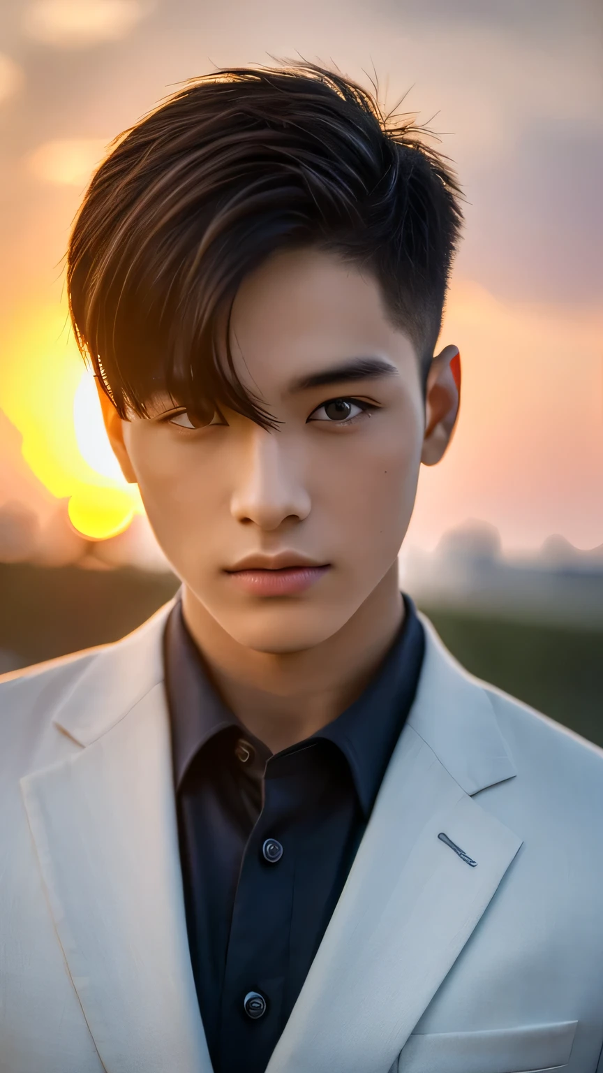 Highest quality, masterpiece, Ultra-high resolution, (Realistic: 1.4), Original photo, wallpaper, Head Photo, skin, Simple Background, Iris, detailed, Selfie, 1 boy, 18-year-old, good looking, Wind,suit、Sunset