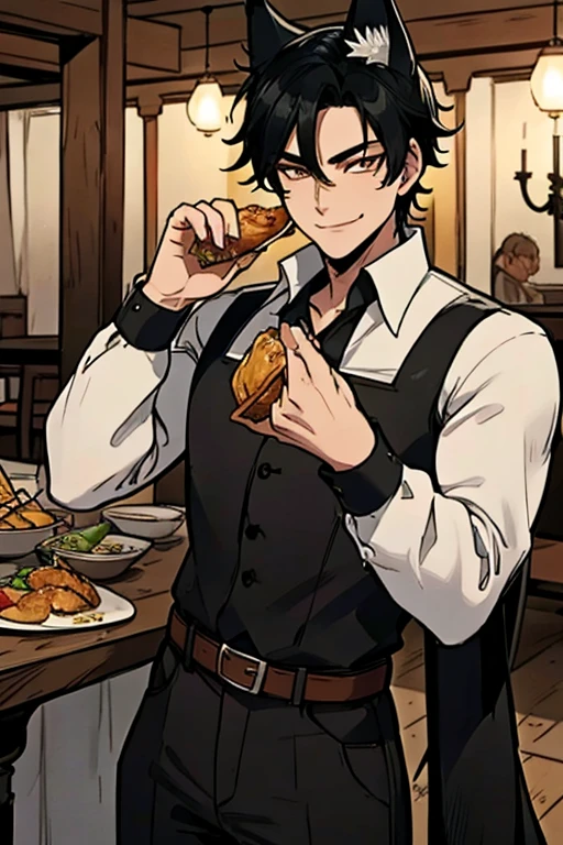 Perfect face. Perfect hands. A black haired male cowboy with golden eyes and black fox ears and a black fox tail in a sheriff's outfit is eating dinner in a saloon with a big smile