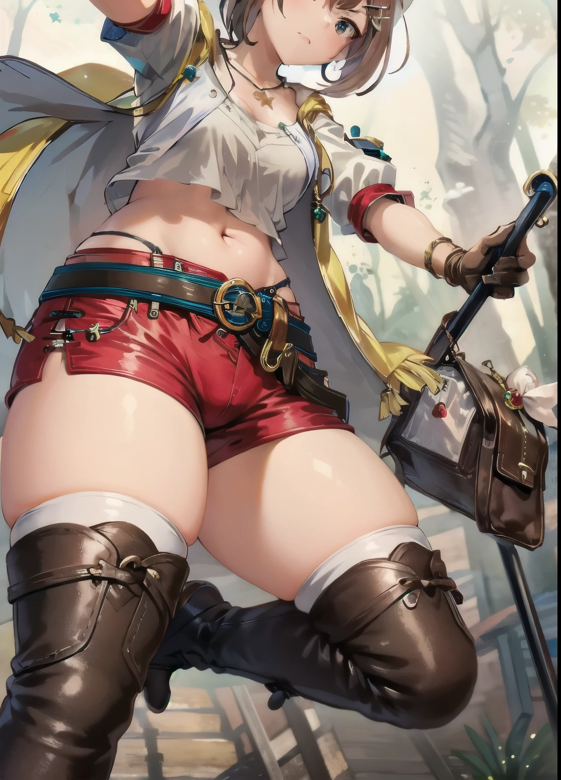 masterpiece, Highest quality, High resolution, Detailed face, Detailed Eyes, Perfect Anatomy, Perfect Fingers, Liza, First Default, One girl, View your viewers, Head Ribbon, jewelry, red shorts, Brown Hair, Knee socks, Bridal Legwear, necklace, Brown eyes, One-handed gloves, hair ornaments, Hair Clip, star necklace, Closed-toe footwear, leather, star (symbol), White Hat, brown handbag, boots, short hair, Thighs, leather ベルト, brown belt, leather 手袋, belly button, thigh boots, white Knee socks, clavicle, Brown footwear, Cleavage, Large Breasts, in the forest, Cowboy Shot, (Large lower body), (Wide pelvis), (Crotch close-up from below:1.5)