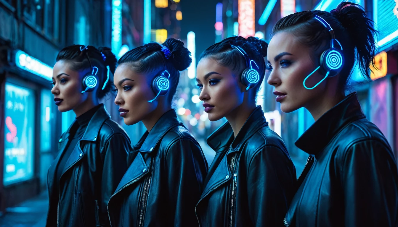 Five individuals of varying genders strolling through a futuristic city at night, sporting bright blue micro implants peeking out from behind their ears. This urban, sci-fi image is illuminated by neon lights, embodying a cyberpunk, high-tech aesthetic. The diverse group exudes a modern, tech-savvy vibe as they navigate the cityscape, creating a visually striking scene in a dark alleyway.