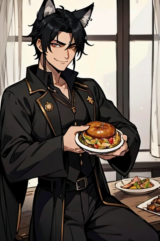 Perfect face. Perfect hands. A black haired male cowboy with golden eyes and black fox ears and a black fox tail in a sheriff's outfit is eating dinner in a saloon with a big smile