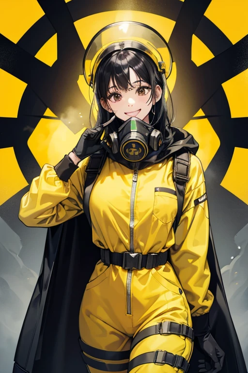 Smiling black-haired mature woman wearing yellow radiation protection suit at nuclear power plant gloves gas mask